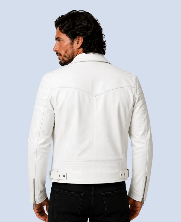 Men's Apex White Genuine Leather Biker Jacket Back