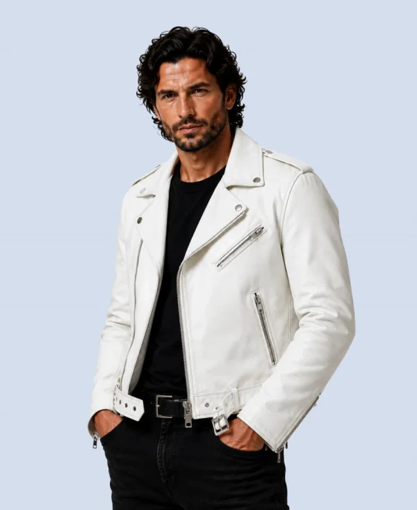Men's Apex White Genuine Leather Biker Jacket Side pose