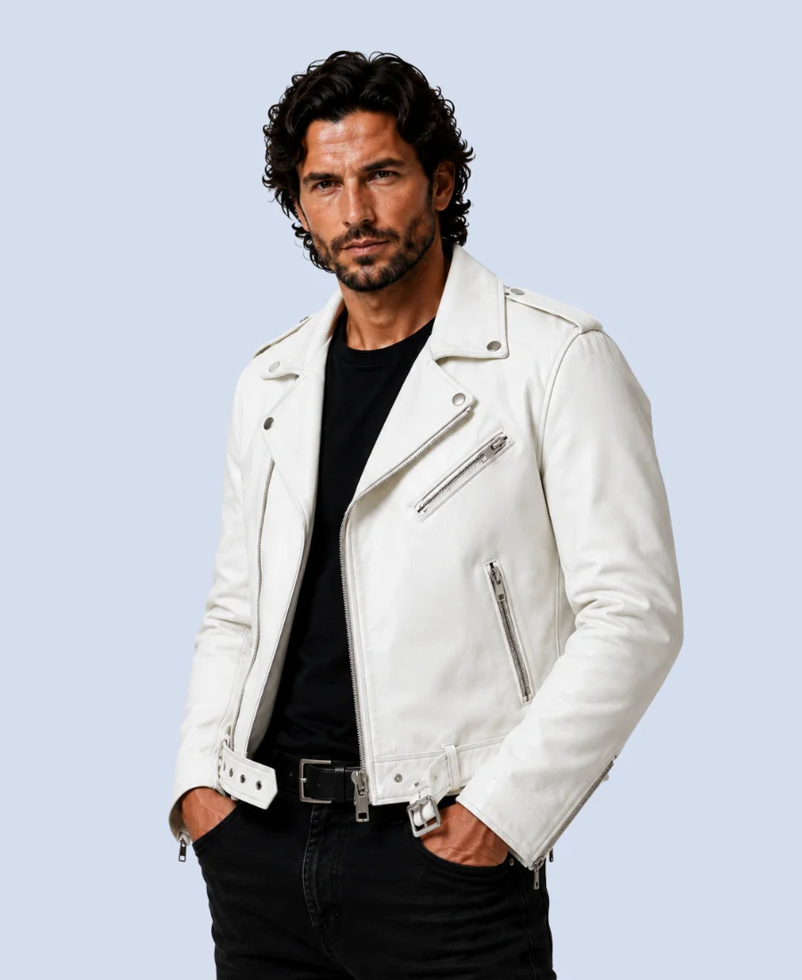 Men's Apex White Genuine Leather Biker Jacket Side pose