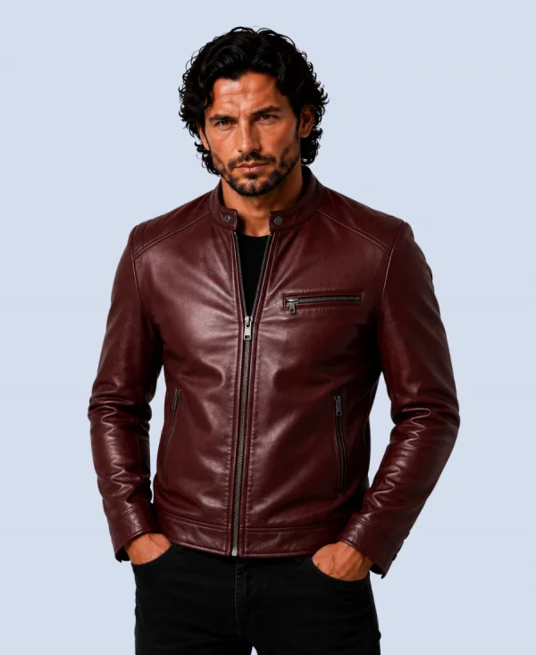 Men's Crimson Maroon Genuine Leather Cafe Racer Jacket