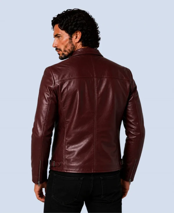 Men's Crimson Maroon Genuine Leather Cafe Racer Jacket Back