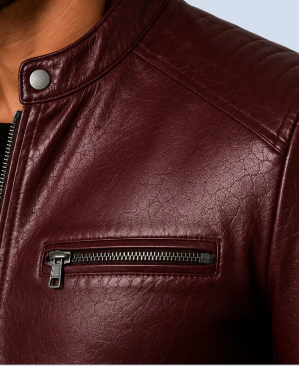 Men's Crimson Maroon Genuine Leather Cafe Racer Jacket Detail Image