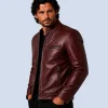 Men's Crimson Maroon Genuine Leather Cafe Racer Jacket Side Detail