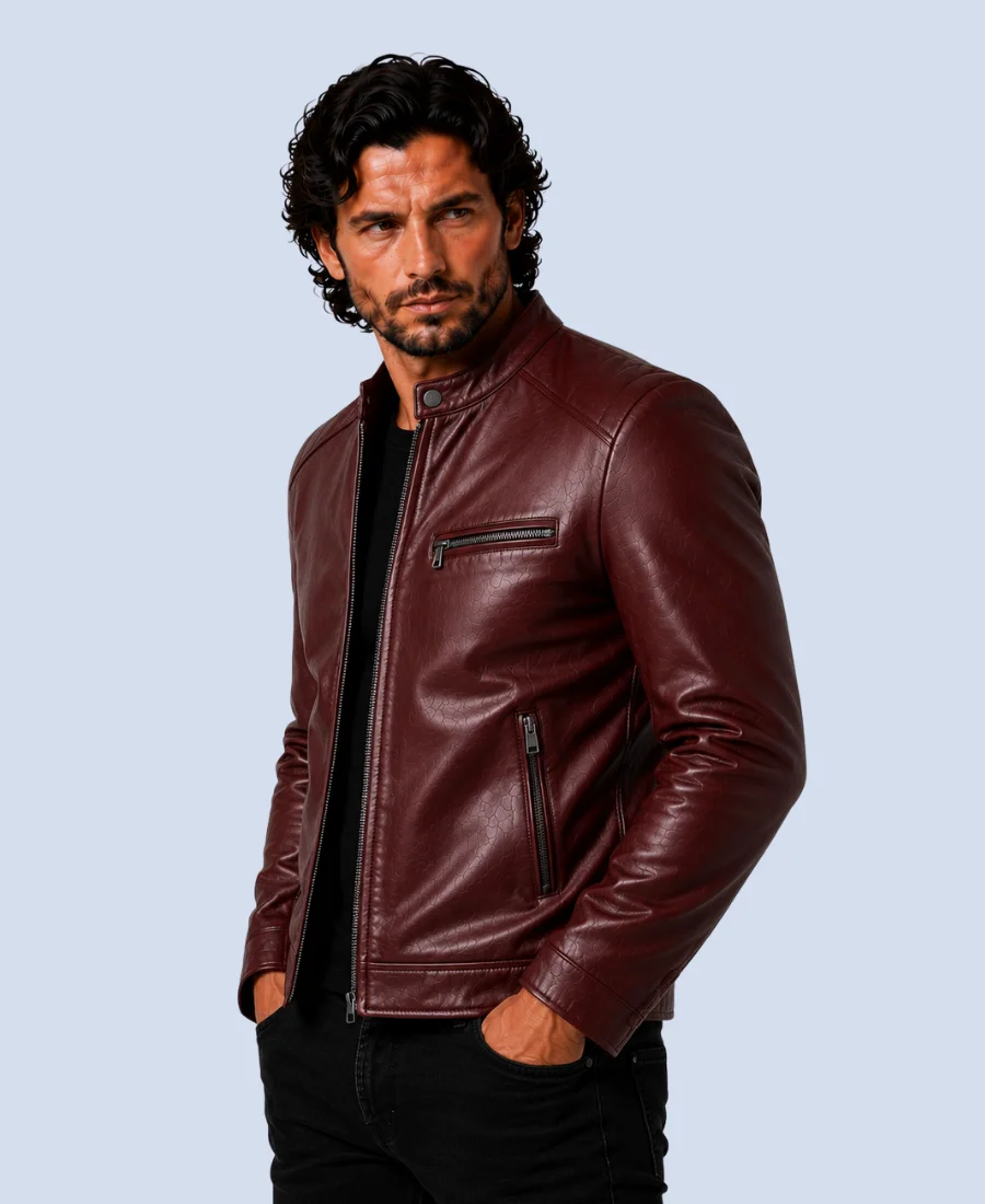 Men's Crimson Maroon Genuine Leather Cafe Racer Jacket Side Detail