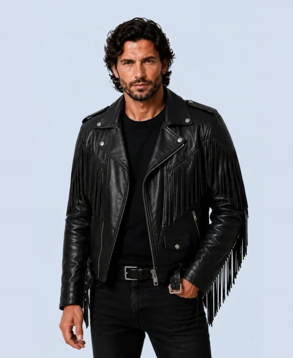 Men's Outlaw Black Genuine Leather Fringe Biker Jacket