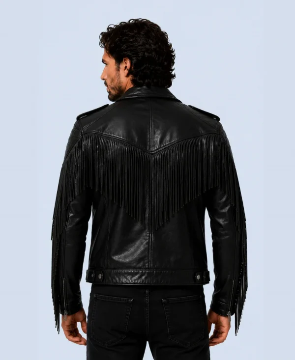 Men's Outlaw Black Genuine Leather Fringe Biker Jacket Back