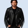 Men's Outlaw Black Genuine Leather Fringe Biker Jacket Front