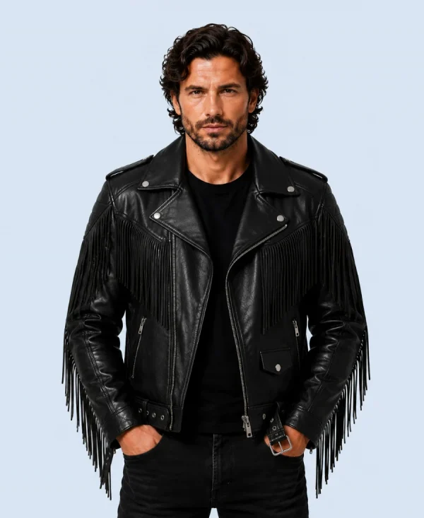 Men's Outlaw Black Genuine Leather Fringe Biker Jacket Front