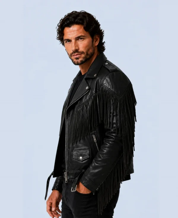 Men's Outlaw Black Genuine Leather Fringe Biker Jacket Side Detail