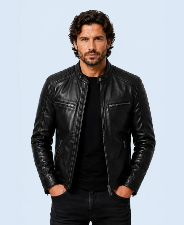 Men's Phantom Black Genuine Leather Cafe Racer Jacket