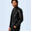 Men's Phantom Black Genuine Leather Cafe Racer Jacket Side Detail