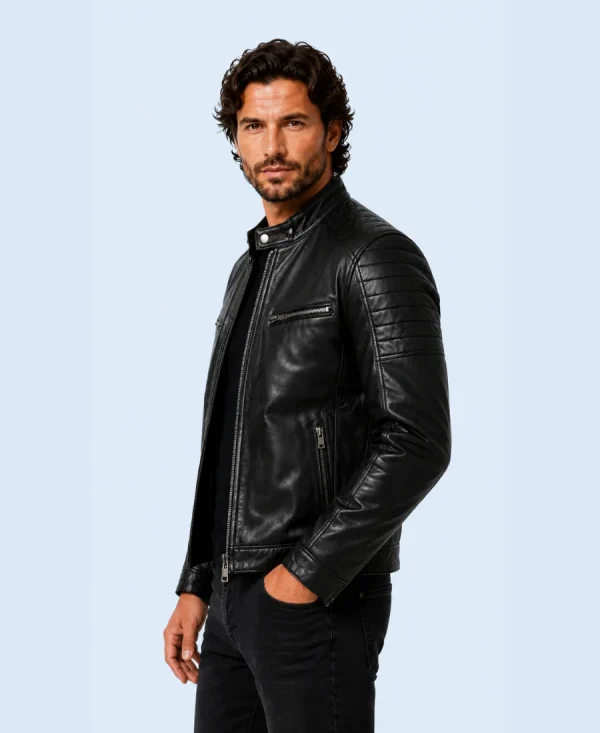 Men's Phantom Black Genuine Leather Cafe Racer Jacket Side Detail