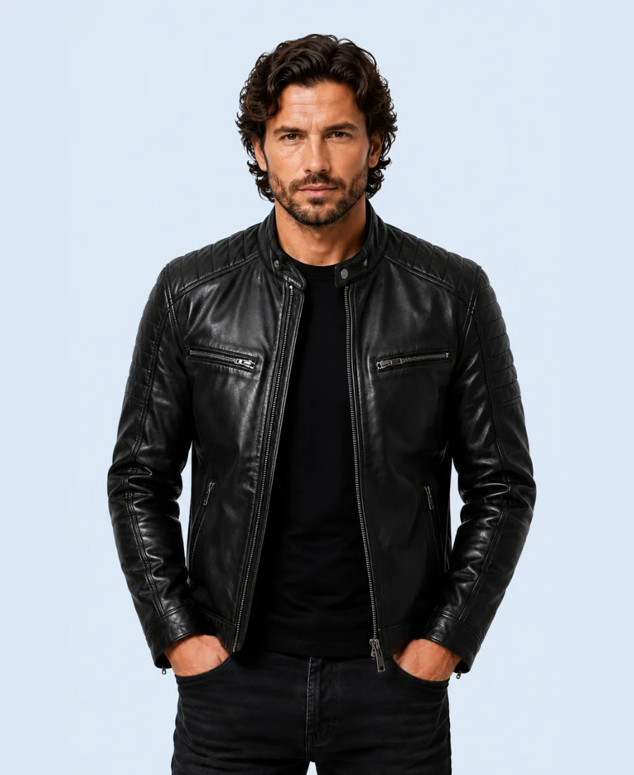 Men's Phantom Black Genuine Leather Cafe Racer Jacket
