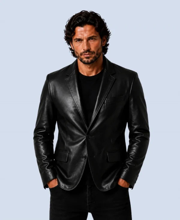 Men's Prestige Black Genuine Leather Blazer Front