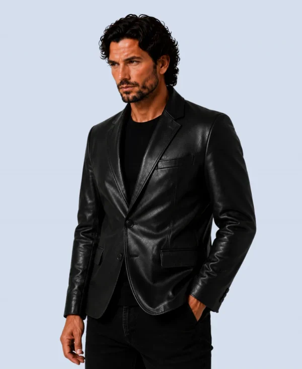 Men's Prestige Black Genuine Leather Blazer Side Pose