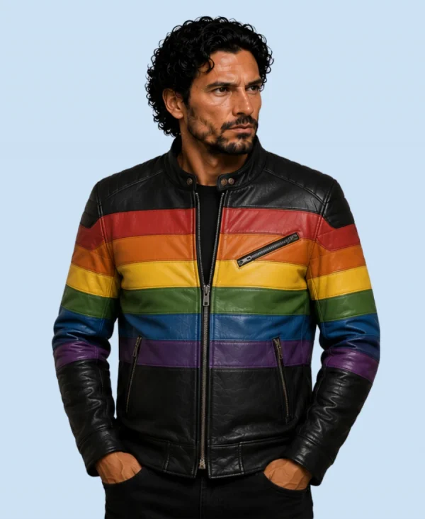 Men's Rainbow Stripe Genuine Leather Biker Jacket