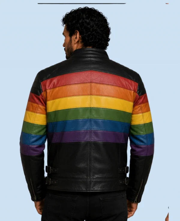 Men's Rainbow Stripe Genuine Leather Biker Jacket Back