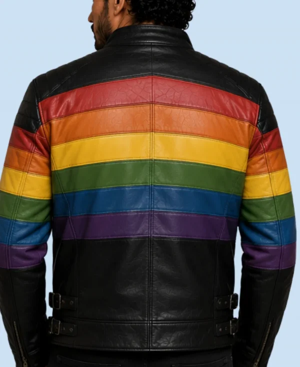 Men's Rainbow Stripe Genuine Leather Biker Jacket Back Detail