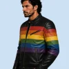 Men's Rainbow Stripe Genuine Leather Biker Jacket SIde Pose