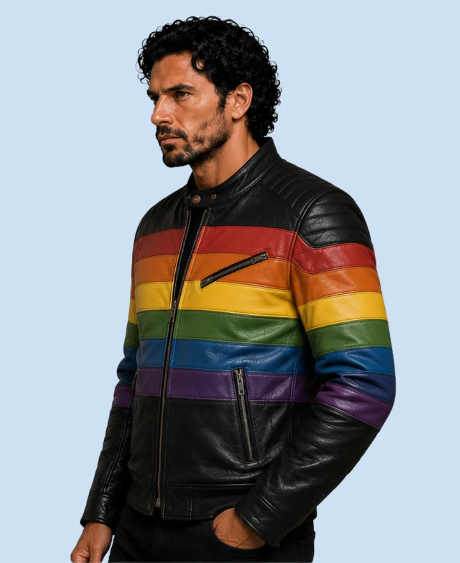 Men's Rainbow Stripe Genuine Leather Biker Jacket SIde Pose