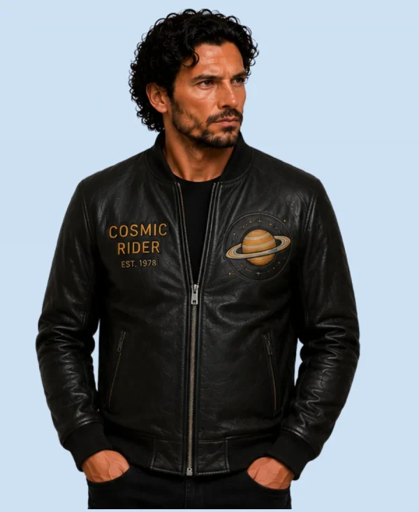 New Men’s Cosmic Black Sheepskin Leather Bomber Jacket
