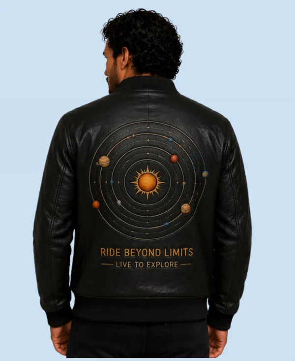 New Men’s Cosmic Black Sheepskin Leather Bomber Jacket Back