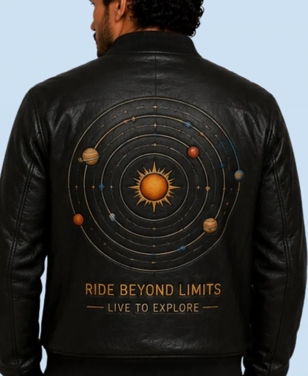 New Men’s Cosmic Black Sheepskin Leather Bomber Jacket Back Detail
