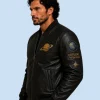New Men’s Cosmic Black Sheepskin Leather Bomber Jacket Side Pose