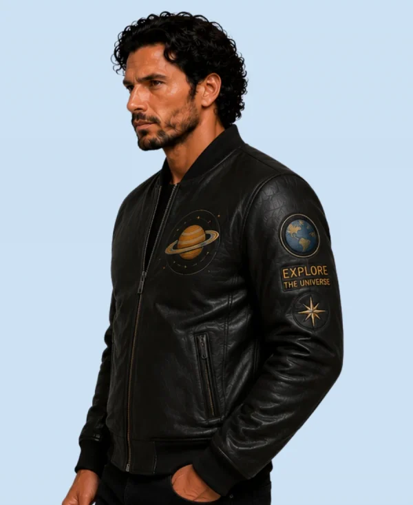 New Men’s Cosmic Black Sheepskin Leather Bomber Jacket Side Pose