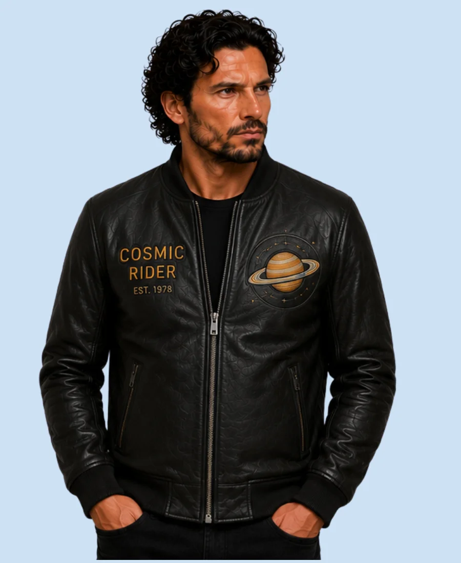 New Men’s Cosmic Black Sheepskin Leather Bomber Jacket
