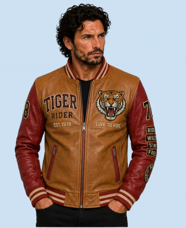 New Men's Heritage Tiger Tan Sheepskin Leather Bomber Jacket