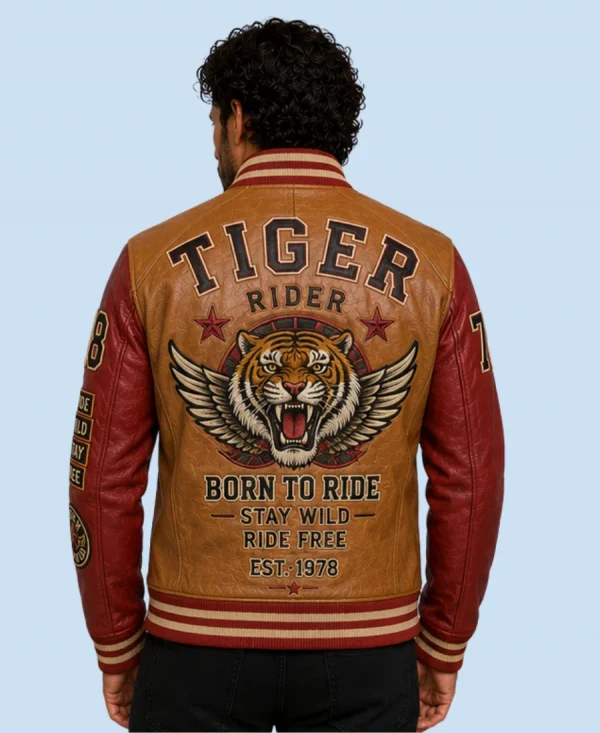 New Men's Heritage Tiger Tan Sheepskin Leather Bomber Jacket Back