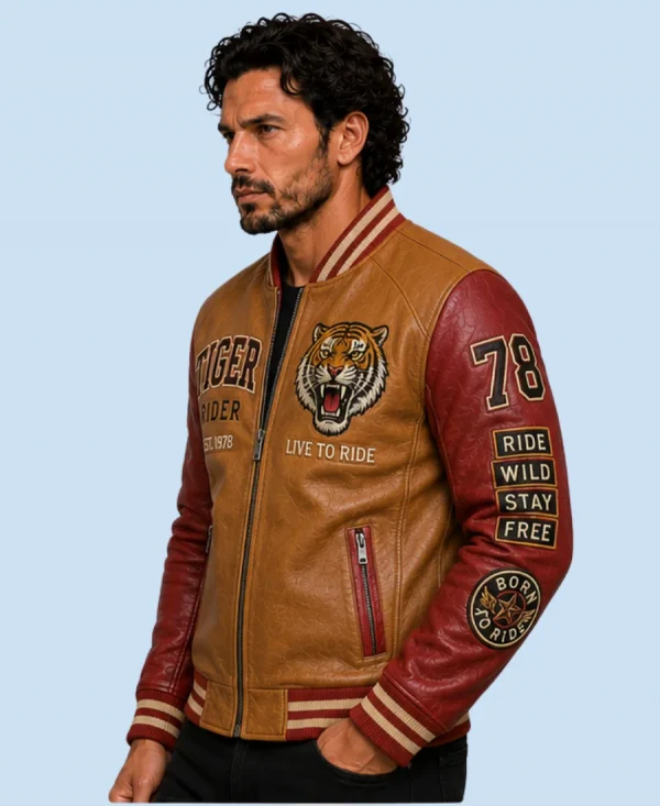 New Men's Heritage Tiger Tan Sheepskin Leather Bomber Jacket Side Pose