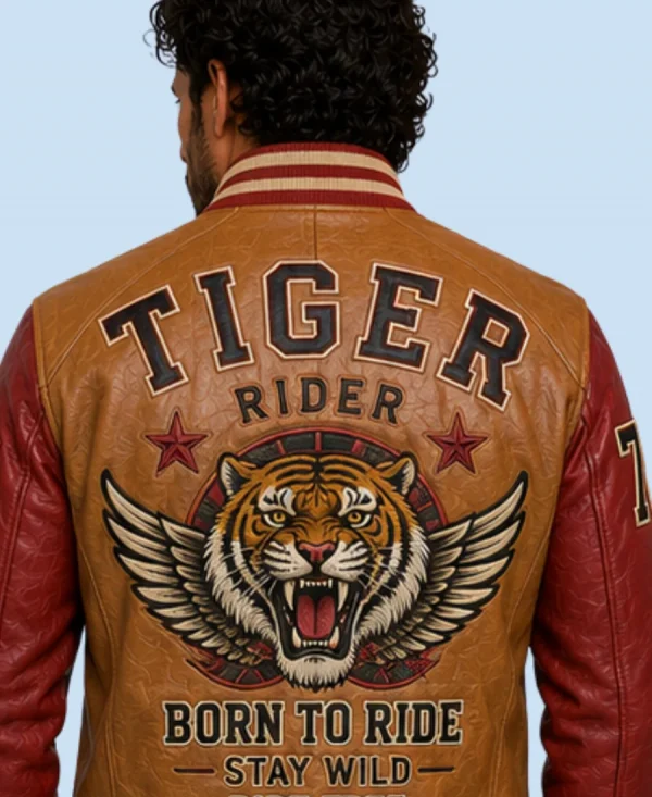 New Men's Heritage Tiger Tan Sheepskin Leather Bomber Jacket back Detail