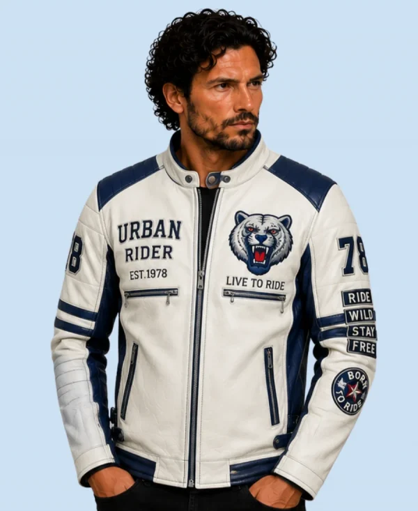 New Men's Polar White Sheepskin Leather Biker Jacket