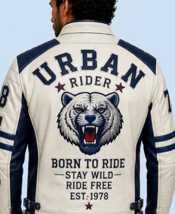 New Men's Polar White Sheepskin Leather Biker Jacket Back Detail