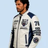 New Men's Polar White Sheepskin Leather Biker Jacket Side Pose