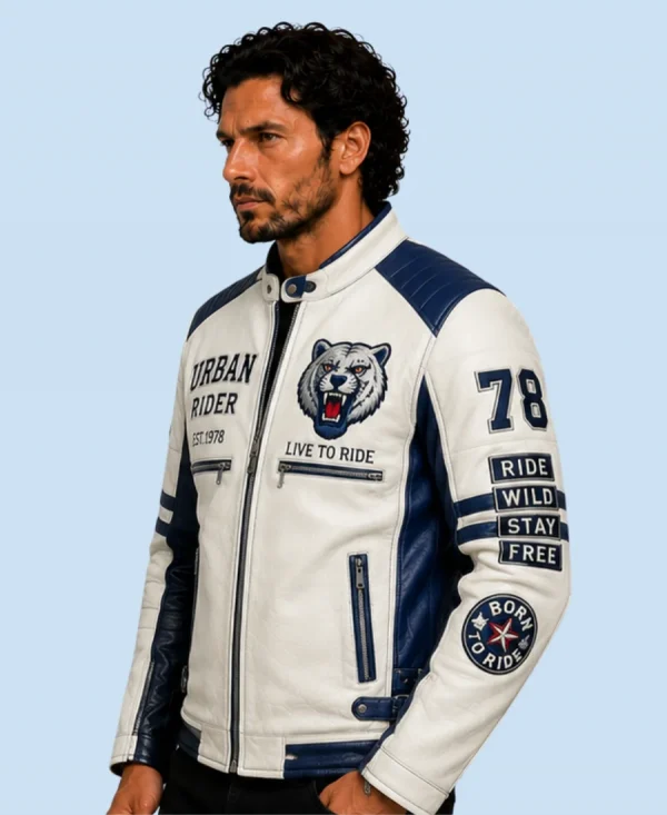 New Men's Polar White Sheepskin Leather Biker Jacket Side Pose