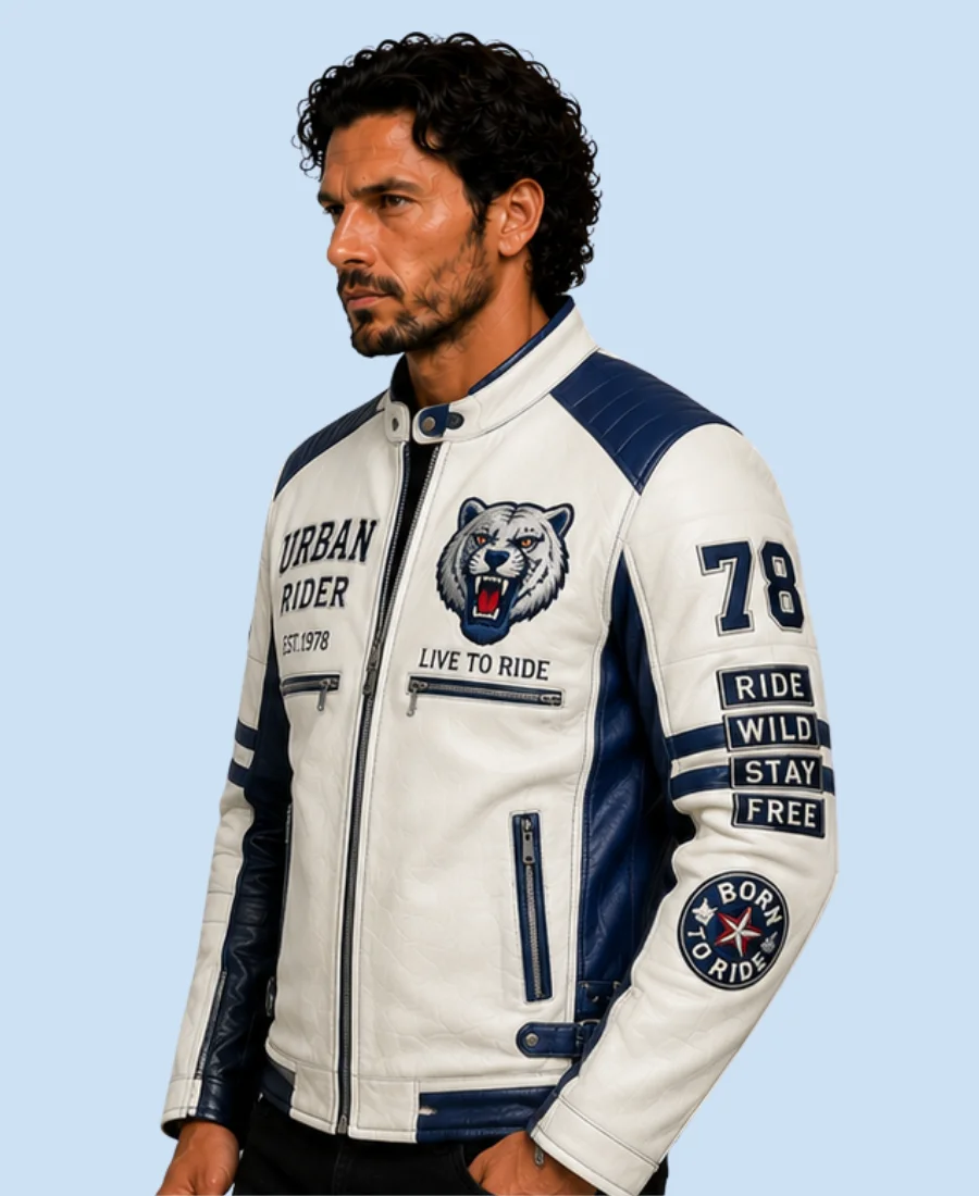 New Men's Polar White Sheepskin Leather Biker Jacket Side Pose