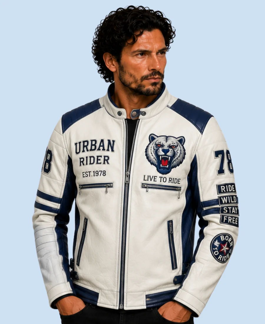 New Men's Polar White Sheepskin Leather Biker Jacket