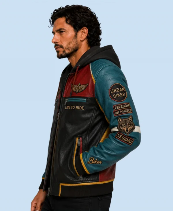 New Men's Urban Wolf Sheepskin Leather Hooded Jacket Side Pose