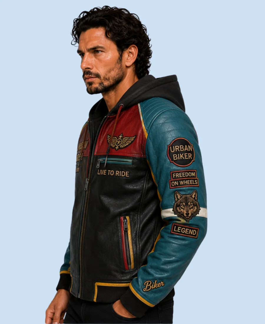 New Men's Urban Wolf Sheepskin Leather Hooded Jacket Side