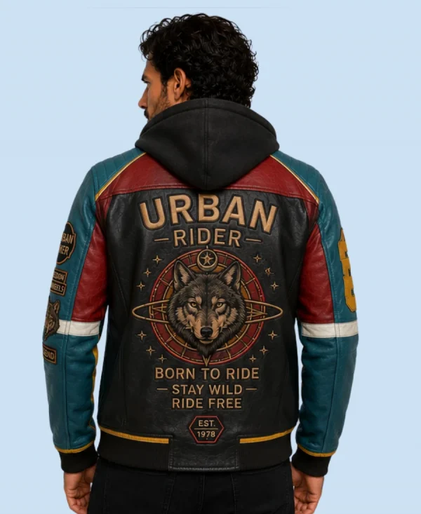 New Men's Urban Wolf Sheepskin Leather Hooded Jacket back