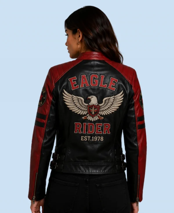 Women's Eagle Rider Black & Red Sheepskin Leather Cafe Racer Jacket Back