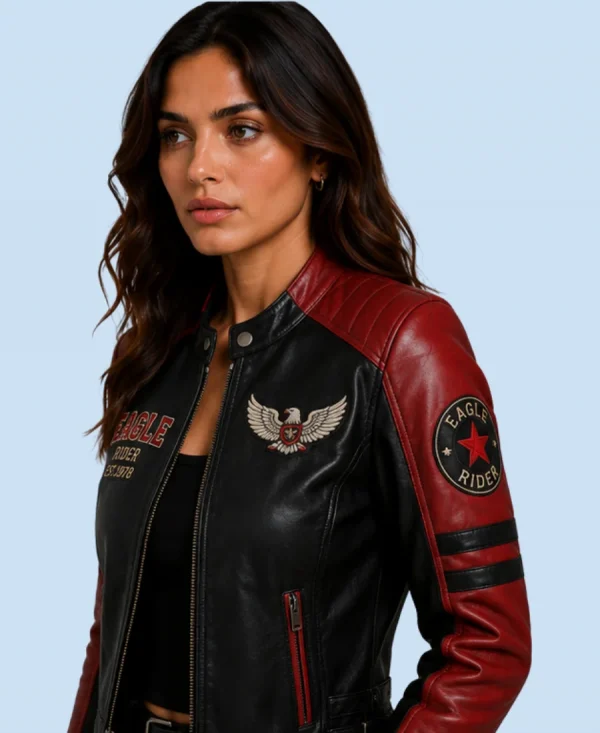 Women's Eagle Rider Black & Red Sheepskin Leather Cafe Racer Jacket Detail