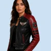 Women's Eagle Rider Black & Red Sheepskin Leather Cafe Racer Jacket Side Detail