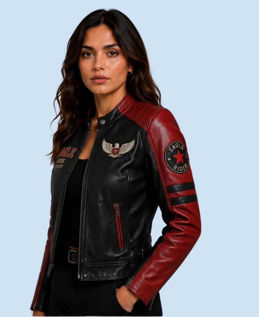 Women's Eagle Rider Black & Red Sheepskin Leather Cafe Racer Jacket Side Detail