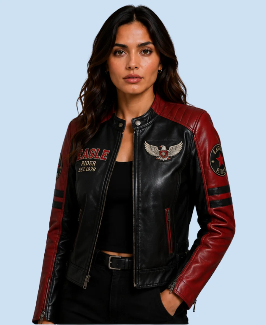 Women's Eagle Rider Black & Red Sheepskin Leather Cafe Racer Jacket