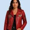 Women's Eagle Rider Red Sheepskin Leather Biker Jacket