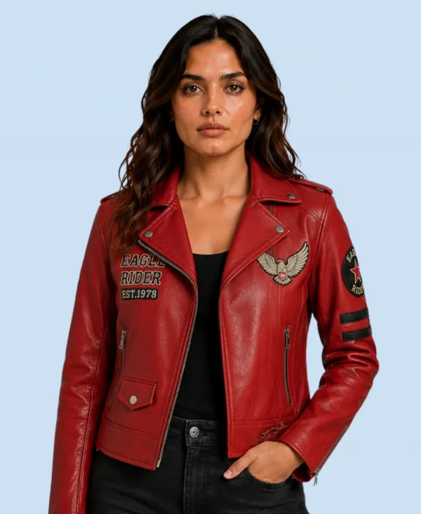 Women's Eagle Rider Red Sheepskin Leather Biker Jacket
